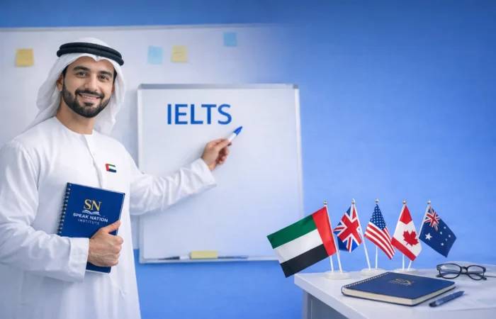 Instructor teaching IELTS preparation with UAE, UK, USA, Canada, and Australia flags displayed in a classroom.