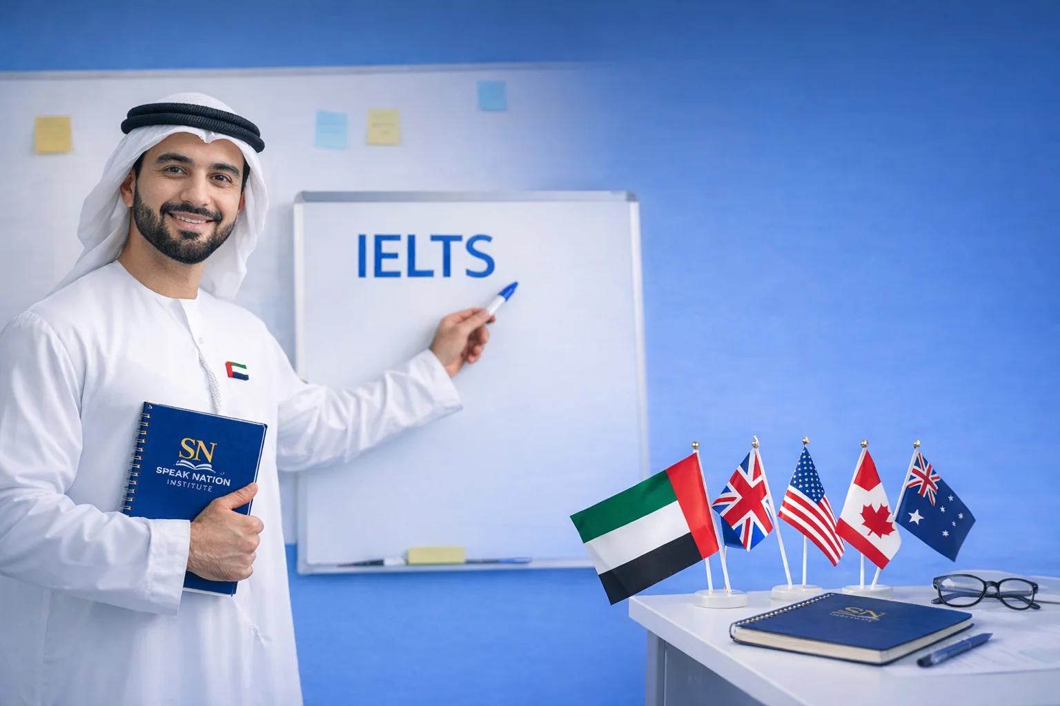 Instructor teaching IELTS preparation with UAE, UK, USA, Canada, and Australia flags displayed in a classroom.